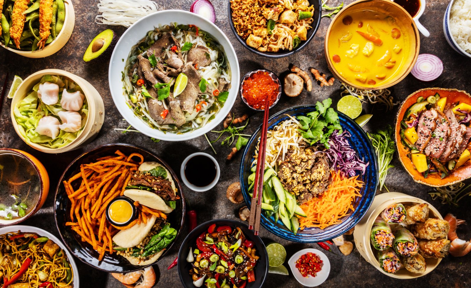 Top view composition of various Asian food in bowl